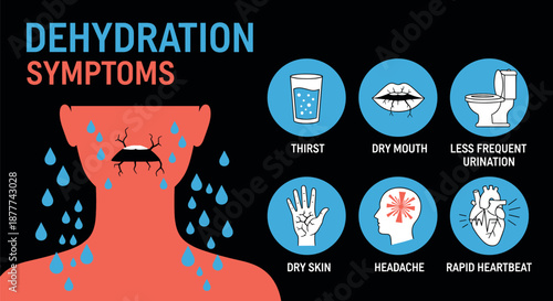 Dehydration symptoms infographic vector illustration showing thirst, dry mouth, headache, dry skin, rapid heartbeat and low urination for health awareness education isolated on dark background