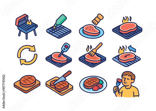 Food Grilling Icons. Food grilling steps. Colorful isometric vector icons set of food grilling steps: preheat grill, oil grate, season food, place on grill,