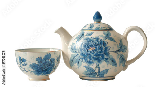A traditional white porcelain chinese tea set featuring a ceramic pot and cup as isolated kitchen dishware objects for a hot beverage ceremony in China