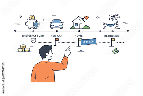 Savings Goals Timeline. Financial planning goal setting. Individual pointing at savings goals and milestones on a clean timeline, calm and optimistic