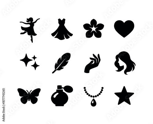 Feminine Grace Icons. Feminine grace. Solid icon set of feminine grace: dancing figure, flowing dress, flower icon, heart, sparkles, feather, hand gesture,