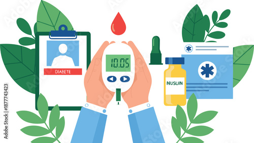 Diabetes healthcare illustration with blood glucose meter, insulin vial, medical records, and digital health support concept for monitoring and treatment in flat vector style