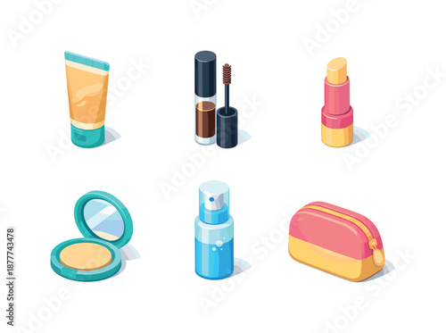 Cosmetic Icon Array. Fresh Look. Isometric flat vector icons set of fresh look: tinted moisturizer tube, eyebrow gel, lip balm stick, face spray bottle,