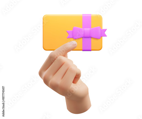 3d hand holds yellow gift card with purple bow. Gift certificate for promotion of goods for holidays, birthdays and discount coupon concept. Stock vector illustration on isolated background.