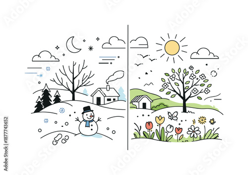 Seasons in Contrast. Seasonal contrast illustration. An editorial scene showing two seasons side by side, highlighting differences in light, plants, and
