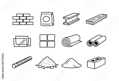 Construction Icon Set. Construction materials. Line icon set of Construction materials: brick, cement bag, steel beam, wood plank, glass panel, tile,