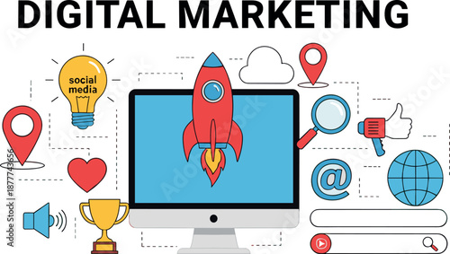Digital marketing concept illustration with computer screen, startup rocket, social media icons, analytics tools, and online promotion elements in modern flat vector style