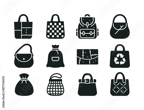 Recycled Bags Icons. Recycled bags. Solid icon set of recycled bags: denim patch tote, woven plastic bag, cork backpack, fabric scrap purse, upcycled