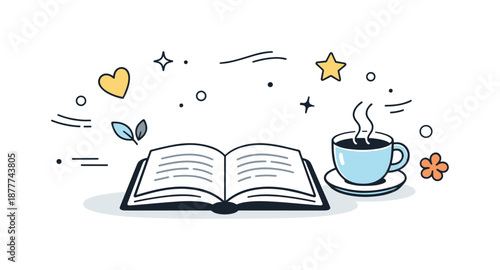 Calm Reading Moment. Book and reading scene illustration. A calm table setup with an open book, steaming cup and light decorative elements floating around,