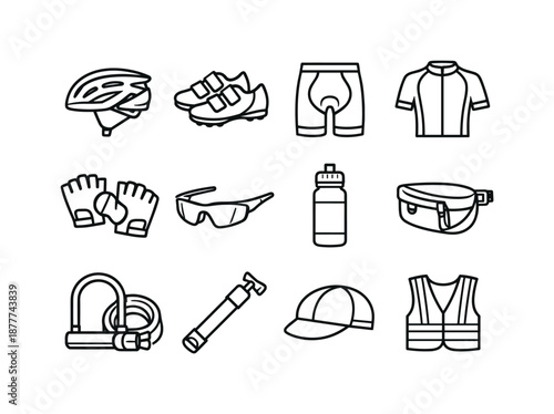 Cycling Gear Icons. Cycling Gear. Line icon set of Cycling Gear: bike helmet, cycling shoes, padded shorts, jersey shirt, bike gloves, sunglasses, water