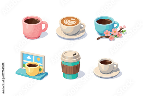 Spring Coffee Icons. Coffee cup spring setup. Isometric flat vector icons set of coffee cup spring setup: pastel coffee mug, cappuccino cup with foam art,