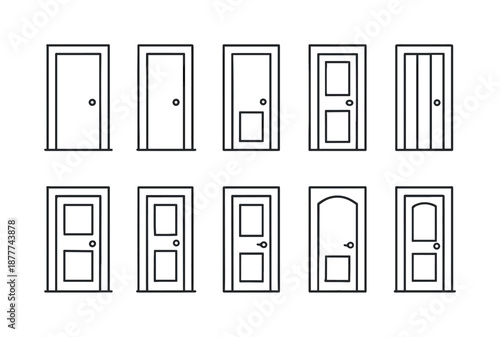 Wooden Door Icons. wooden door. Line icon set of wooden door: minimal door, simple outline, rectangular shape, door panel, small knob, hinge dot, thin frame,