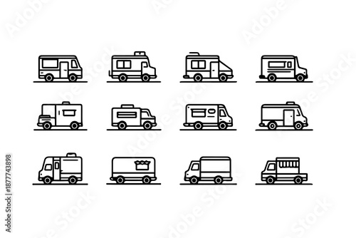 Stylized food trucks lined up in various designs, showcasing