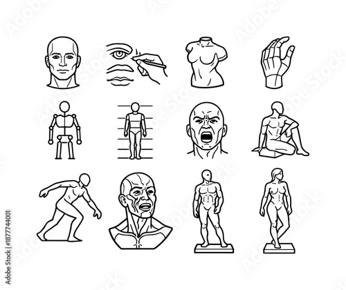 Figurative Clay Sculpting Icons. Figurative Clay Sculpting. Line icon set of Figurative Clay Sculpting: human head sculpture, facial features modeling, torso