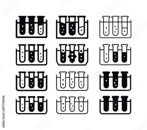 Chemical Experiment Icons. Chemical experiment. Icon set. Set Logo of chemical experiment: test tube rack. harmonious logo variations of the same emblematic