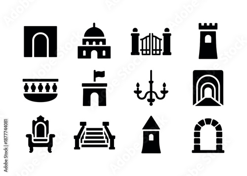 Palace Icon Set. Palace. Solid icon set of palace: grand entrance, dome roof, royal gate, watchtower, balcony, flag on top, chandelier, long hallway, throne,