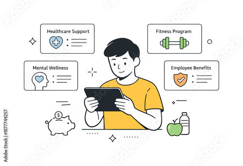 Wellness Program Options. Wellness benefits and resources. Employee reviewing wellness cards and program options on a tablet. Clear structured access to health