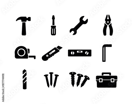 Toolbox Essentials Icons. Toolbox essentials. Solid icon set of Toolbox essentials: hammer, screwdriver, wrench, pliers, tape measure, utility knife, level,