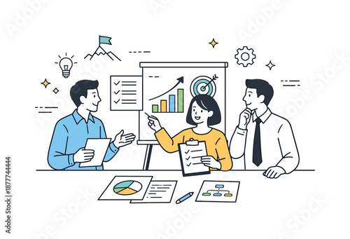 Strategic Planning Discussion. Strategic project planning. Business people discussing goals and next steps with simple charts and documents. A sense of