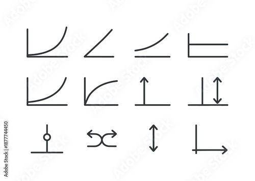 Yield Curve Icons. Yield Curve Elements. Line icon set of Yield Curve Elements: yield curve line, upward slope, downward slope, flat curve, steep curve,