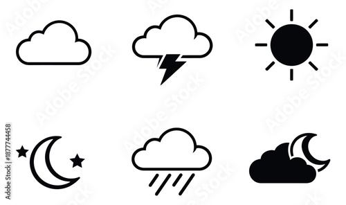 Simple weather icons set featuring sun, moon, clouds, rain, and lightning for weather forecasts and applications