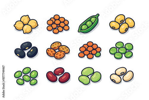 Isometric Legume Icons. Legumes Variety. Colorful isometric vector icons set of Legumes Variety: chickpeas, lentils, peas, soybeans, black beans, pinto beans,