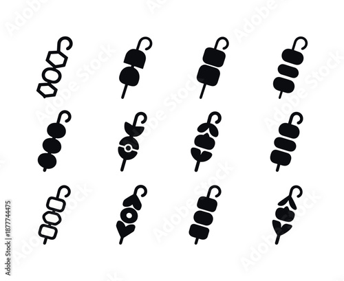 Street Food Icons. street food. Icon set. Set Logo of street food: skewer snack icon. harmonious logo variations of the same emblematic concept, each with