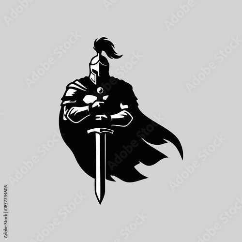 Spartan Warrior Knight with Sword and Cape Silhouette Vector Logo