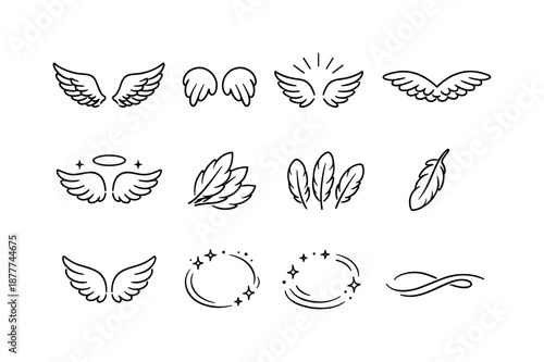 Angel Wings Icons. Angel wings. Line icon set of angel wings: expanded wings, compact wings, wing flare icon, feathery ridge, floating shimmer, halo above
