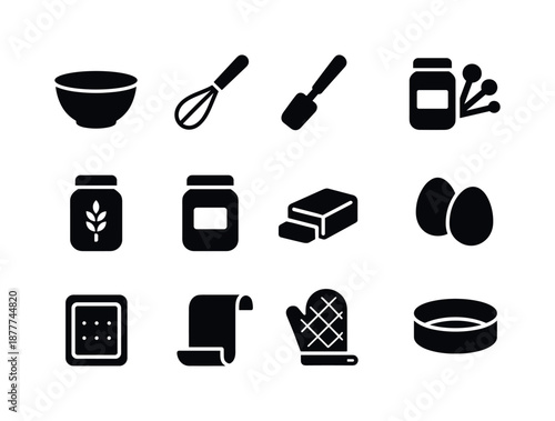 Home Baking Icons. Home baking essentials. Solid icon set of home baking essentials: mixing bowl, whisk, spatula, measuring spoons, flour jar, sugar jar,