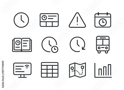 Transit Schedule Icons. Transit schedule. Line icon set of Transit schedule: clock icon, time board, delay alert, calendar day, schedule book, early icon, late