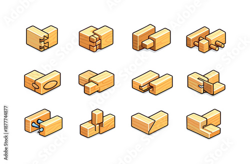 Colorful Joinery Icons. Joinery techniques. Colorful isometric vector icons set of joinery techniques: dovetail joint, box joint, mortise and tenon, dowel