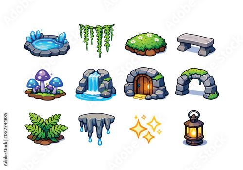 Hidden Grotto Icons. hidden grotto. Colorful isometric vector icons set of hidden grotto: crystal-lit pool, hanging vines, moss patch, stone bench, glowing