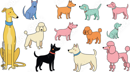 Dog breeds vector set with cute cartoon puppies and adult dogs in various colors and poses for pet, veterinary and kids illustration design isolated on white background