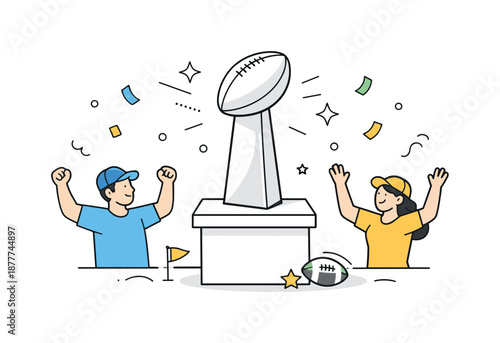 Trophy Victory Celebration. Super Bowl Trophy Moment. Clean editorial scene featuring a large trophy on a pedestal with confetti-like abstract