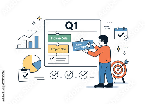 New Year Goals. New year business goals. A character placing goal cards on a board labeled Q1, surrounded by charts and checkmarks. Optimistic start and