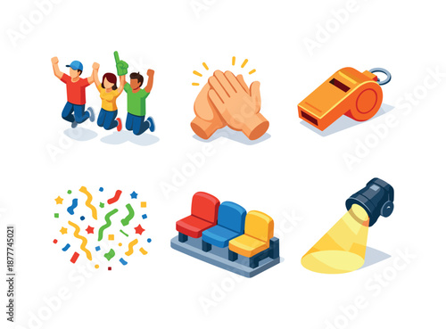 Excited Crowd Icons. Crowd excitement. Isometric flat vector icons set of Crowd excitement: jumping fans, clapping hands, whistle, confetti rain, stadium
