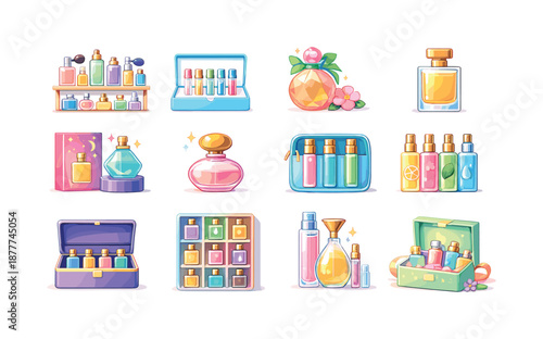 Colorful Perfume Icons. Perfume Collection. Colorful flat vector icons set of Perfume Collection: shelf display bottles, mini-sample set, seasonal edition