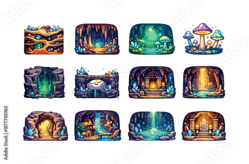 Underground Icon Set. Underground worlds. Colorful flat vector icons set of underground worlds: layered cavern map, giant cavern hall, subterranean forest