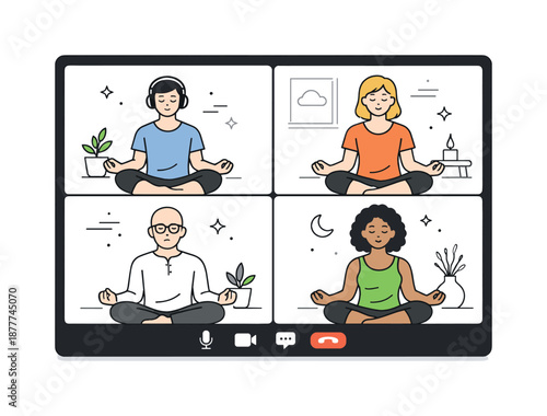 Virtual Group Meditation. Group meditation online. People meditating together through a video call interface with calm expressions. Remote mindfulness and