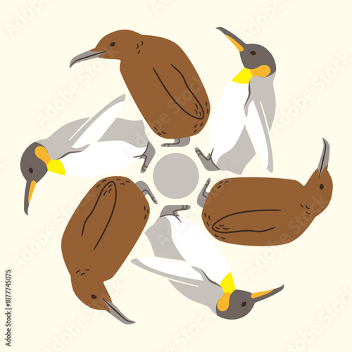 家紋風アイコン　鳥　キングペンギン　親子　日本の紋章