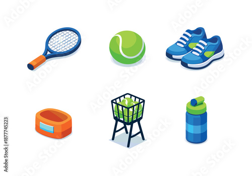 Tennis Gear Icons. Tennis. Isometric flat vector icons set of tennis: tennis racket, tennis ball, tennis shoes, wrist sweatband, ball hopper basket, water