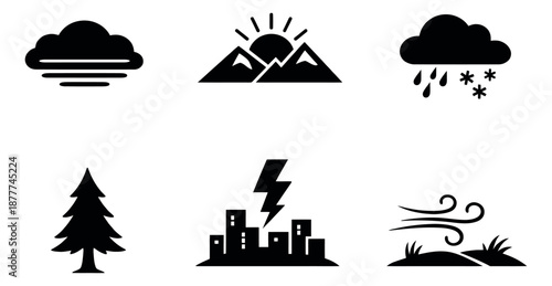 Graphic weather and nature icons set featuring clouds, sun, mountains, rain, snow, lightning, wind, and a tree for environmental and forecast applications