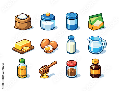 Colorful Baking Ingredients Icons. Baking ingredients. Colorful isometric vector icons set of baking ingredients: flour bag, sugar jar, salt tin, yeast packet,
