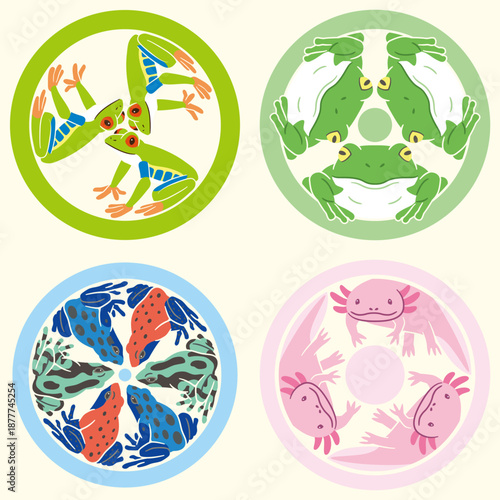 家紋風アイコン　両生類　アカメガエル　ウーパールーパー　蛙　日本の紋章