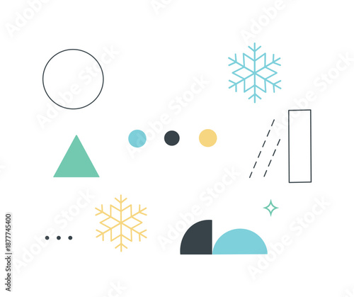 Winter Geometric Serenity. Winter stillness abstraction. Simple geometric forms arranged with wide spacing. Quiet and clarity, snowflake-inspired icons and