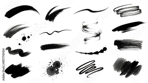 A high-quality collection of various abstract black ink brush strokes and paint splatters on a white background
