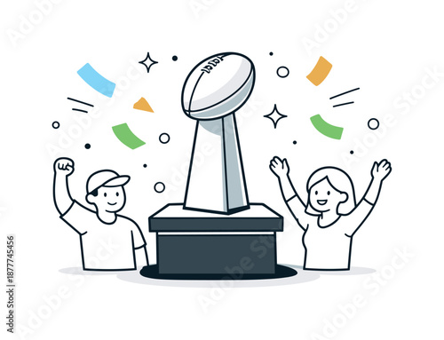 Trophy Victory Celebration. Super Bowl Trophy Moment. Clean editorial scene featuring a large trophy on a pedestal with confetti-like abstract