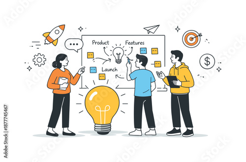 Startup Idea Collaboration. Idea generation for startups. Founders standing around a large lightbulb and whiteboard, mapping concepts and features together.