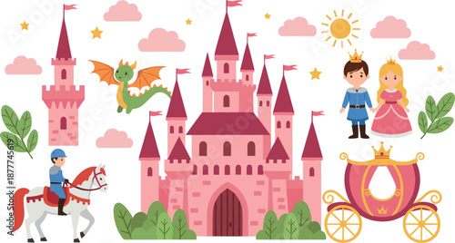 Fairytale castle vector illustration with prince, princess, dragon, carriage and knight creating magical fantasy kingdom scene in flat cartoon style isolated on white background